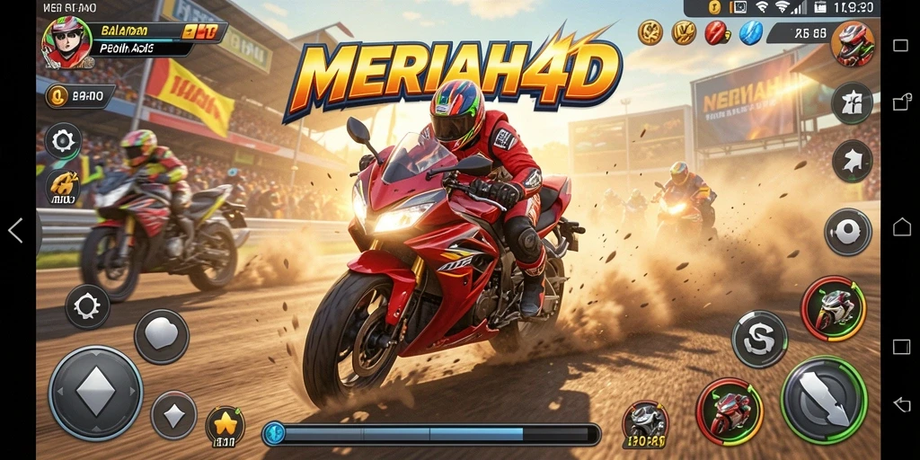 Tampilan gameplay seru dari MERIAH4D dengan aksi balapan motor yang mendebarkan.