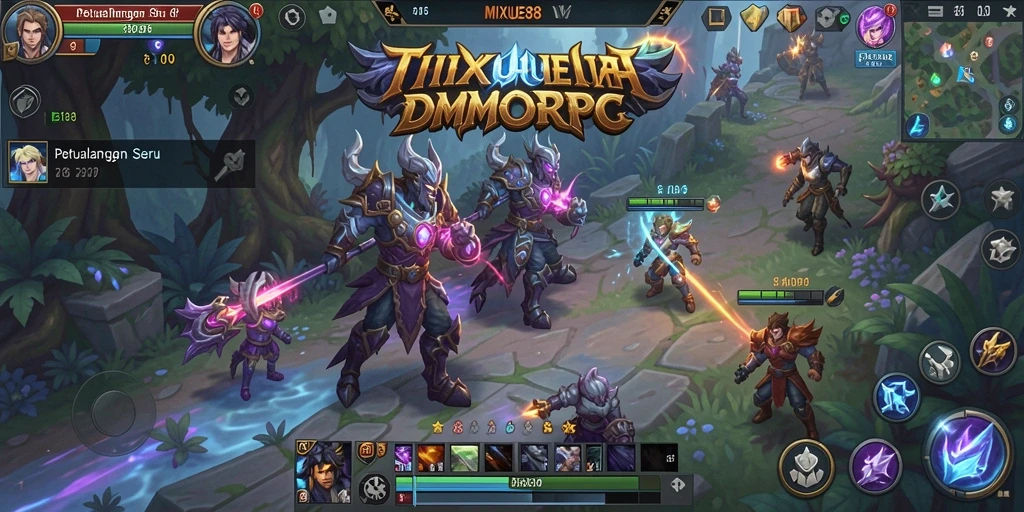 Screenshot gameplay <strong>MIXUE88</strong> menampilkan pertarungan seru antar pemain di arena.