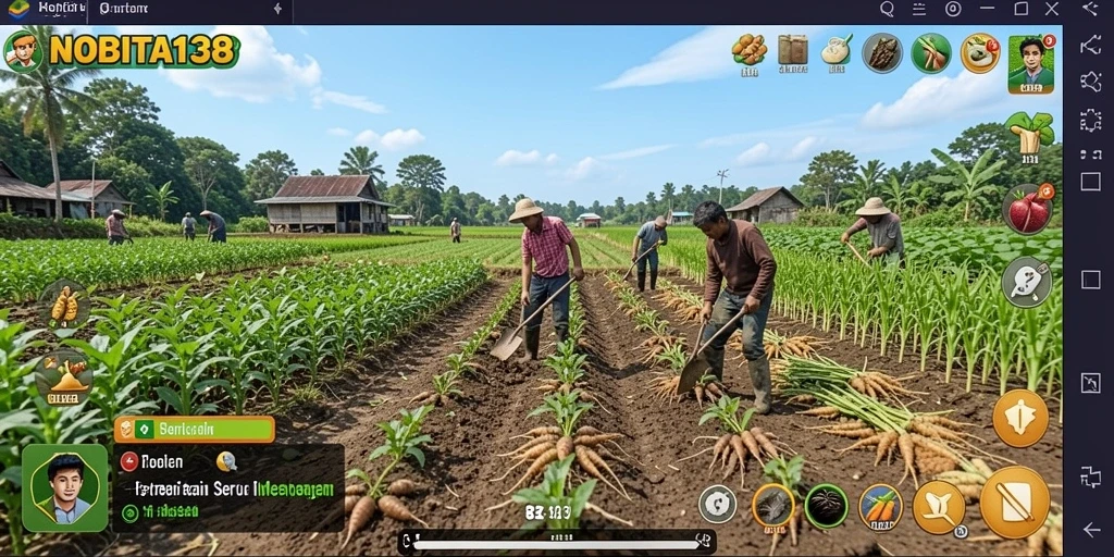 Tampilan gameplay mengasyikkan dalam NOBITA138 dengan aktivitas bertani.